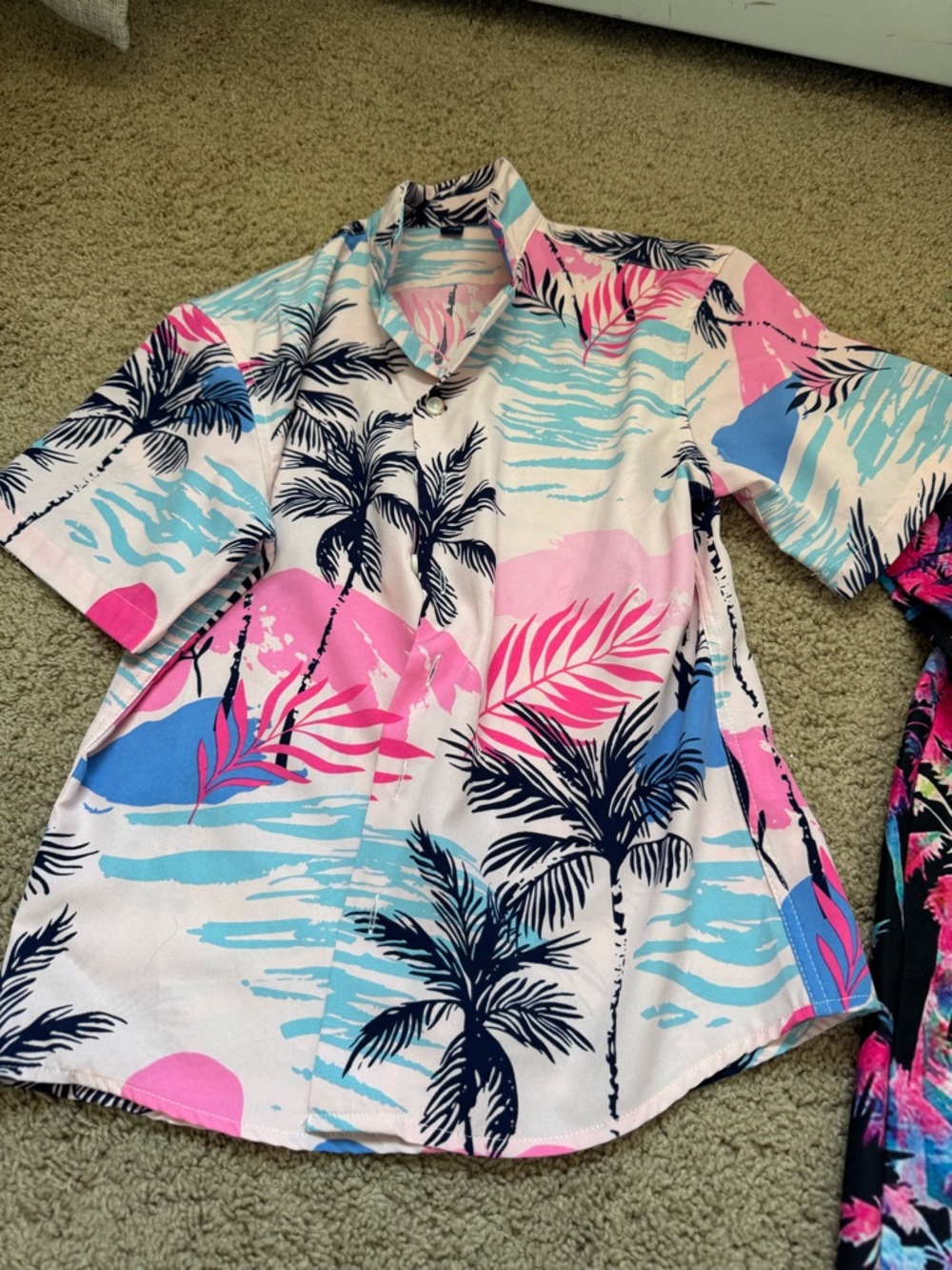 Kids Tropical Button Down Shirt - Pink & Blue Palm Print